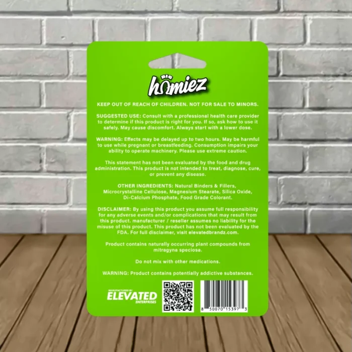 Big Homiez 7-Hydroxy Tablets 400mg - Big Sour Apple -- 4ct Blister Pack - back Big Homiez 7-Hydroxy Tablets 400mg - Big Sour Apple -- 4ct Blister Pack - back