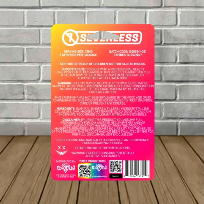 Sevenless Mitragynine Oxindole Tablets 600mg-Banana Watermelon -- 4ct Blister Pack -back Sevenless Mitragynine Oxindole Tablets 600mg-Banana Watermelon -- 4ct Blister Pack -back