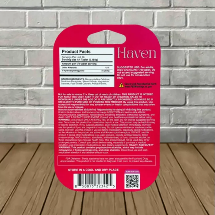 Haven Peak Formula 7-Hydroxy Tablets 500mg-Strawberry Solace -- 4ct Blister Pack - back Haven Peak Formula 7-Hydroxy Tablets 500mg-Strawberry Solace -- 4ct Blister Pack - back