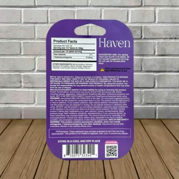 Haven Peak Formula 7-Hydroxy Tablets 500mg-Velvet Grape -- 4ct Blister Pack - back Haven Peak Formula 7-Hydroxy Tablets 500mg-Velvet Grape -- 4ct Blister Pack - back