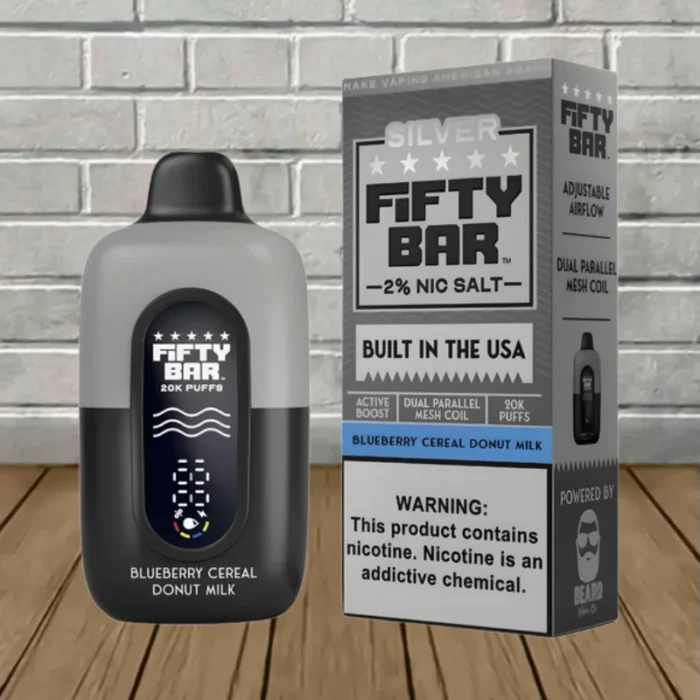Fifty Bar Silver 2% Disposable 20k - Blueberry Cereal Donut Milk -- DISPOSABLE Fifty Bar Silver 2% Disposable 20k - Blueberry Cereal Donut Milk -- DISPOSABLE